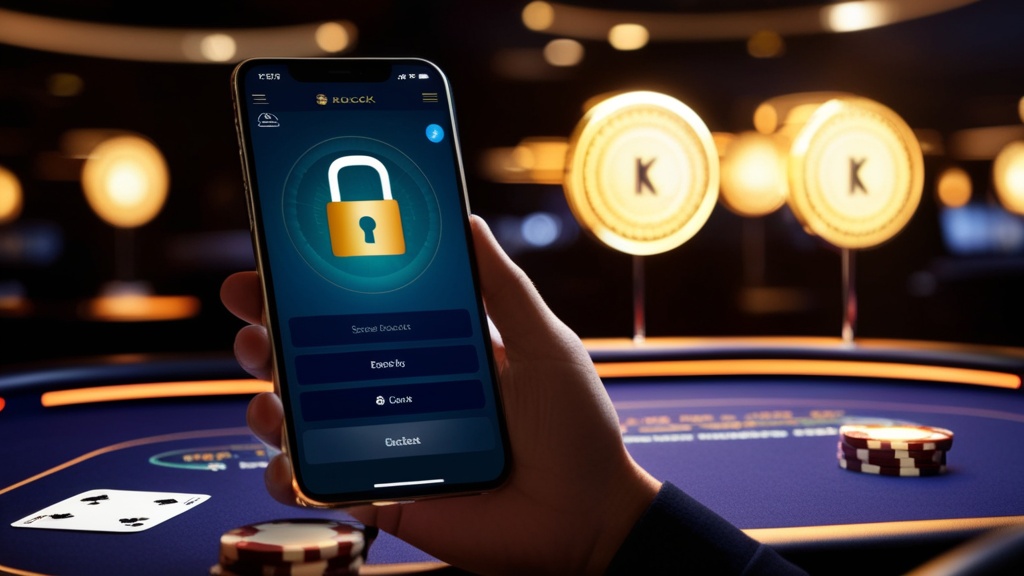 هاتف آمن يعرض تطبيق كازينو مع رمز قفل وإضاءة نيون داكنة